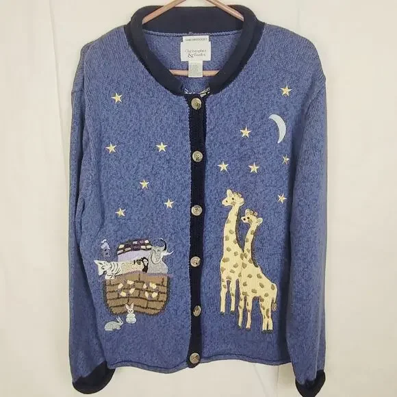 Vintage Christopher & Banks hand embroidered Noah's Ark cardigan sweater Large - Picture 1 of 8